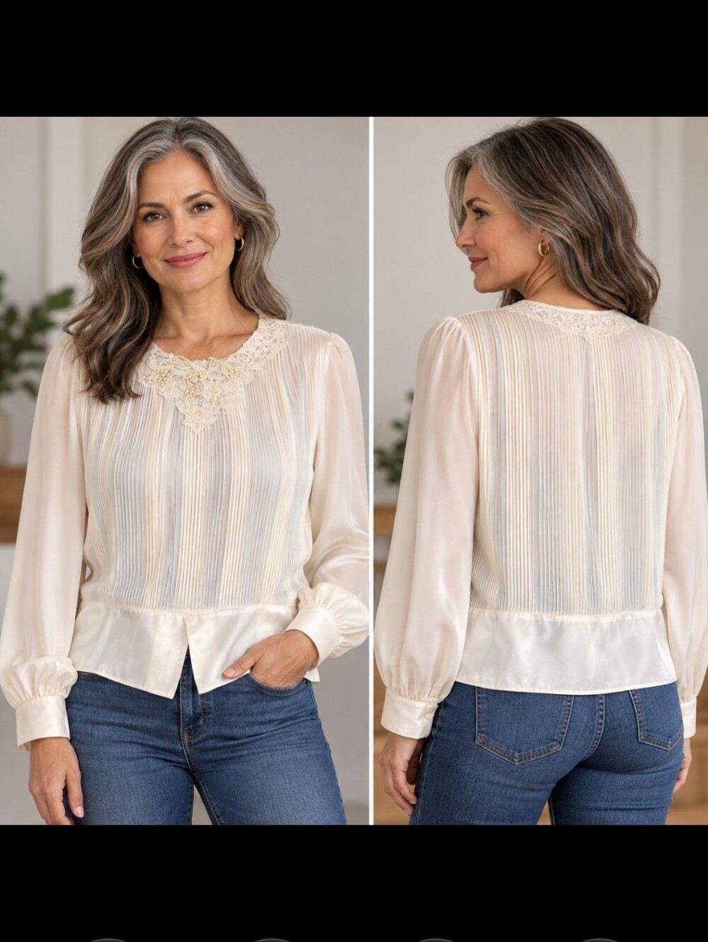 Nicola Satin White Pearlized Embroidered Peplum Hem Long Sleeve Blouse Sz 8